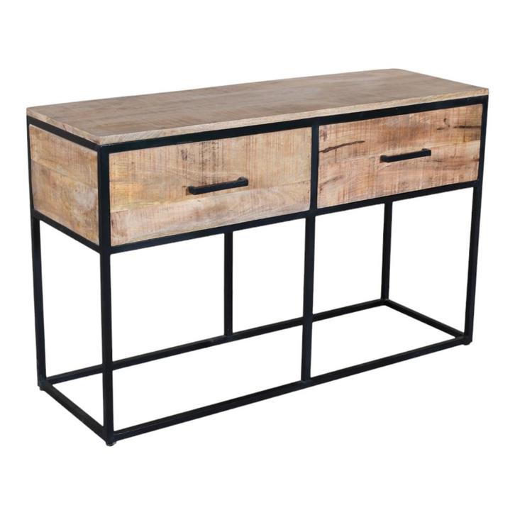 Mangohouten sidetable voorzien van twee lades, zwart metaal, Huis en Inrichting, Tafels | Sidetables, Nieuw, 25 tot 50 cm, 100 tot 150 cm