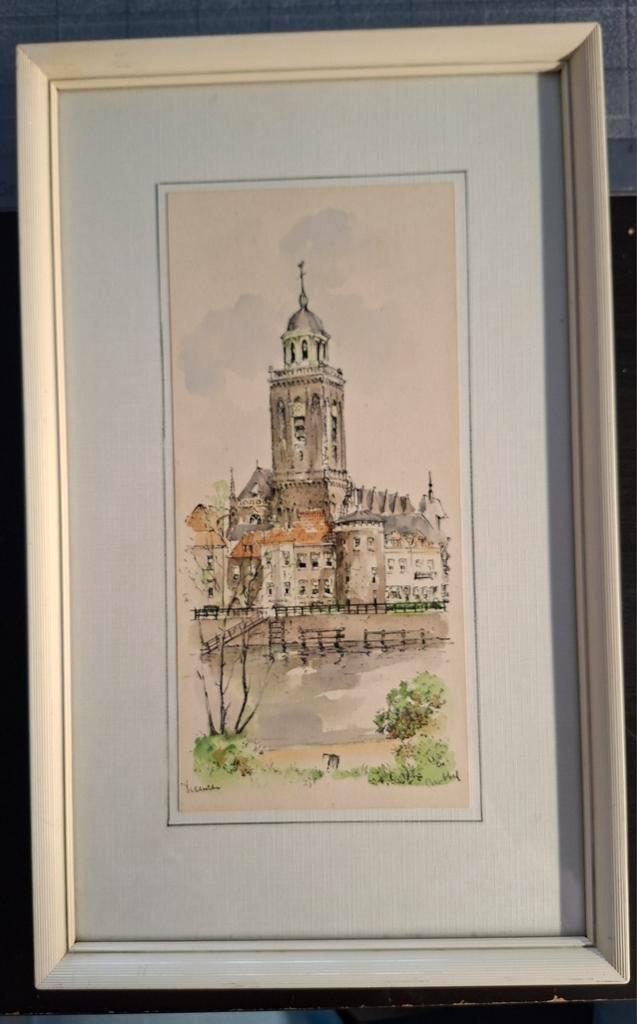 Aquarel Lebuïnuskerk Deventer door Bob Brobbel, Antiek en Kunst, Kunst | Tekeningen en Foto's, Ophalen of Verzenden