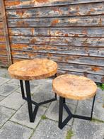 Houten bijzettafels met robuust zwart stalen frame, Ophalen, Minder dan 55 cm, Gebruikt, Rond