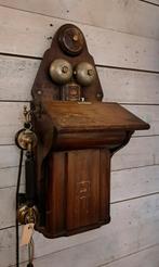 Echte antieke houten wandtelefoon met bellen en draaischijf, Antiek en Kunst, Ophalen