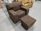 Comfortabele bruine fauteuil + poef (zachte stof), Ophalen, Gebruikt, 75 tot 100 cm, 100 tot 125 cm