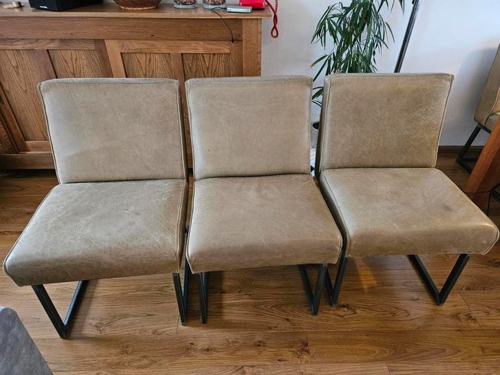 3 luxe lederen stoelen, Huis en Inrichting, Stoelen, Gebruikt, Metaal, Overige materialen, Ophalen