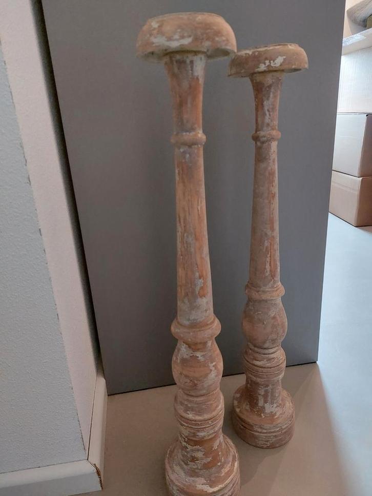 Grote Houten Baluster Kandelaars Set - Brocante Vintage, Huis en Inrichting, Woonaccessoires | Kandelaars en Kaarsen, Ophalen