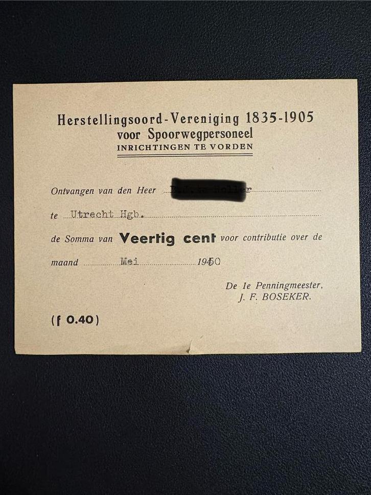 Kwitantie herstellingsoord Vorden van medewerker HGB (1950), Verzamelen, Spoorwegen en Tramwegen, Gebruikt, Trein, Ophalen of Verzenden