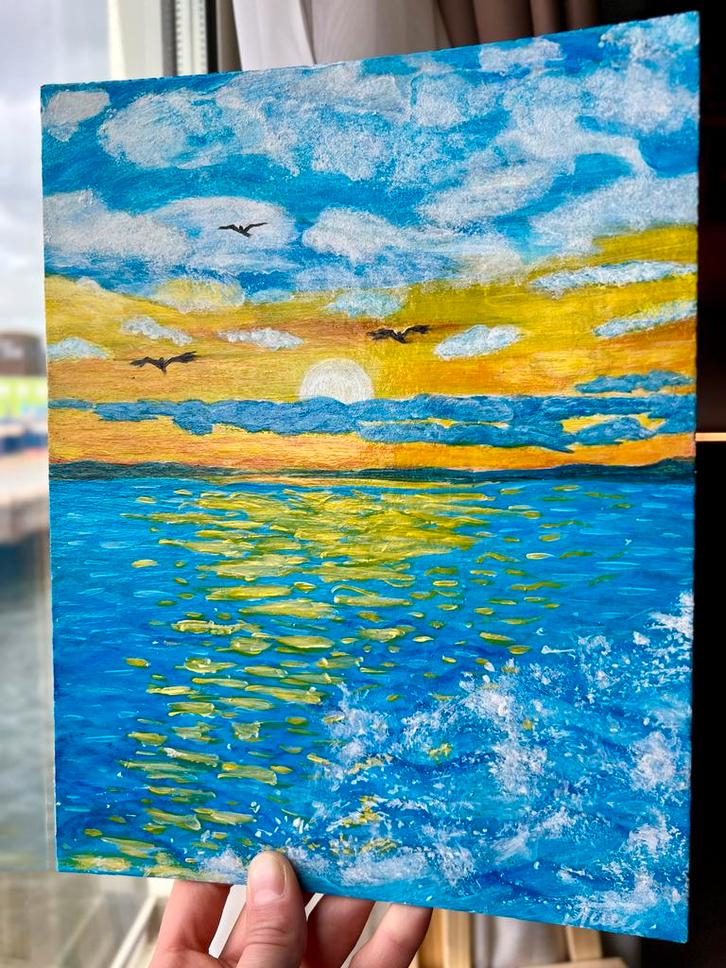 Zomerse Zonsondergang aan Zee, Antiek en Kunst, Kunst | Schilderijen | Klassiek, Ophalen of Verzenden