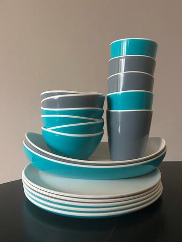 Kunststof Servies 18-delig - Turquoise/Grijs beschikbaar voor biedingen