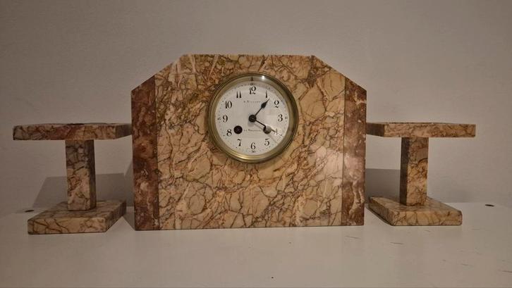 Antieke Franse marmeren pendule klok met garnituur – ca. 19, Antiek en Kunst, Antiek | Klokken, Ophalen