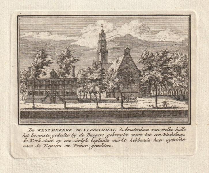 De Westerkerk en Vleeschhal 't Amsterdam oude gravure, Antiek en Kunst, Kunst | Etsen en Gravures, Verzenden