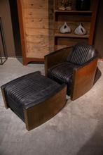 Stoere Vintage Aviator fauteuil + Ottoman, Gebruikt, 75 tot 100 cm, Ophalen of Verzenden, Metaal