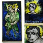 Uniek opaline gebrandschilderd glazen icoon Sint Christoffel, Antiek en Kunst, Ophalen of Verzenden