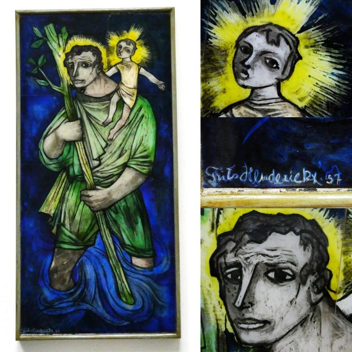 Uniek opaline gebrandschilderd glazen icoon Sint Christoffel, Antiek en Kunst, Antiek | Religie, Ophalen of Verzenden