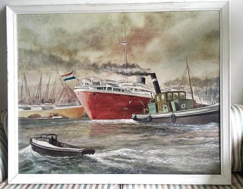 GROOT) Drukte in Rotterdamse haven - lees : C. v. Ekelenburg, Antiek en Kunst, Kunst | Schilderijen | Klassiek, Ophalen