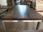 UNIEKE DESIGN TAFEL MET MASSIEF WALNOTEN  BLAD MET RVS POTEN, 200 cm of meer, Nieuw, 100 tot 150 cm, Metaal