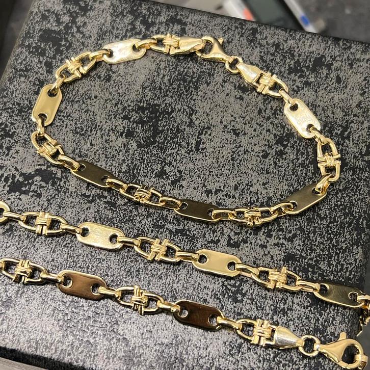 14 karaat gouden set flatmagnum ketting armband massief, Sieraden, Tassen en Uiterlijk, Kettingen, Nieuw, Goud, Ophalen of Verzenden