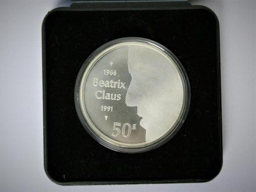 50 Gulden munt Zilveren huwelijk Beatrix en Claus., Postzegels en Munten, Munten | Nederland, Losse munt, 50 gulden, Koningin Beatrix