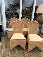 Vier vintage rotan eetkamerstoelen, Huis en Inrichting, Ophalen, Bruin, Vintage boho, Riet of Rotan