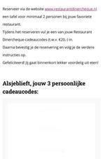 3 x 20 euro korting per code via Restaurant Dinercheque., Tickets en Kaartjes, Kortingsbon