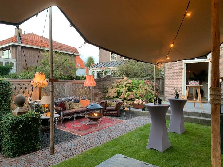 Stretchtent te huur - 6 x 10 - zandkleur - 60+ personen, Tuin en Terras, Partytenten, Gebruikt, Partytent, 2 meter of meer, 8 meter of meer