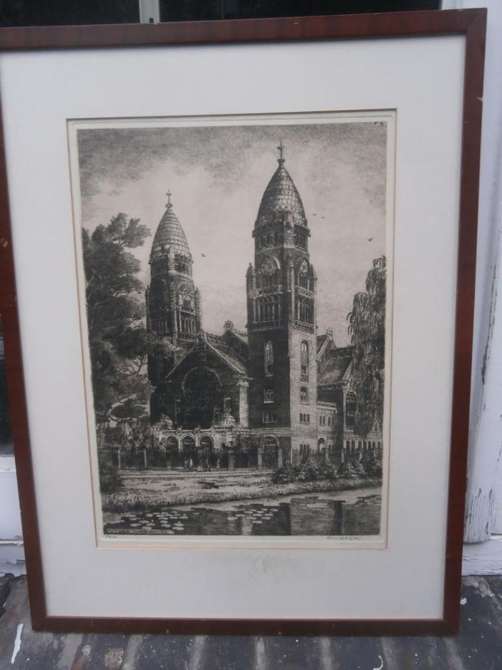 Koninginnekerk Rotterd. Crooswijk ets van Lindeijer, Antiek en Kunst, Kunst | Etsen en Gravures, Ophalen of Verzenden