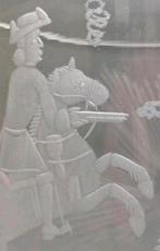 Antiek gegraveerd Boheems duelleerglas 2 ruiters met pistool, Antiek en Kunst, Ophalen of Verzenden