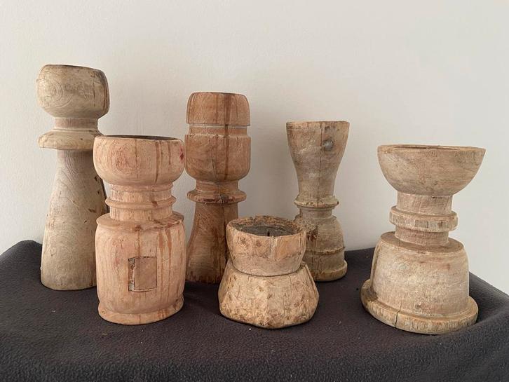 Authentieke Houten Kandelaars - Set van 7, Antiek en Kunst, Antiek | Kandelaars, Overige materialen, Ophalen of Verzenden