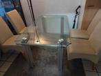 Glazen eettafel  + 4 eetstoelen + glazen salontafel, Ophalen, 100 tot 150 cm, 50 tot 100 cm, Zo goed als nieuw