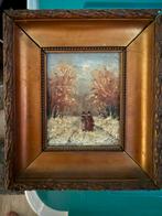 Klein antiek schilderij met figuren in winterlandschap, Ophalen