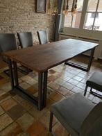 eettafel eiken tafel 2.20 m met 6 stoelen metalen poten, Ophalen, Gebruikt, 200 cm of meer, 50 tot 100 cm