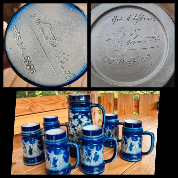 Antieke bierpulset – P. Lehmann – Grès d’Alsace – 6 bierpull, Huis en Inrichting, Keuken | Servies, Gebruikt, Overige stijlen