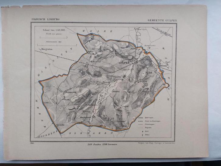 20 / Gemeente Gulpen Limburg Litho uit 1866 door J. Kuyper, Antiek en Kunst, Kunst | Litho's en Zeefdrukken, Ophalen of Verzenden