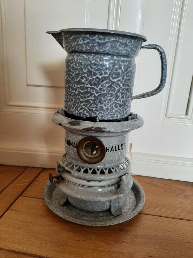 Retro emaille petroleum stel met kan, grijs gewolkt, Antiek en Kunst, Ophalen of Verzenden