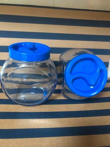 2xPasabahce Voorraadpotten lichtblauw glas met Blauwe Deksel beschikbaar voor biedingen