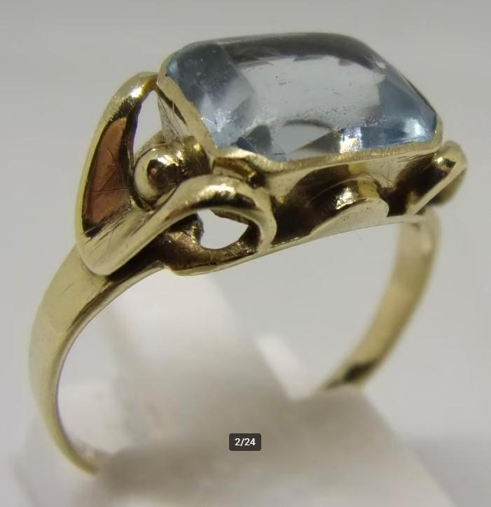 Unieke Art Nouveau ring met Aquamarijn, goud, 1915, Sieraden, Tassen en Uiterlijk, Antieke sieraden, Ring, Goud, Met edelsteen