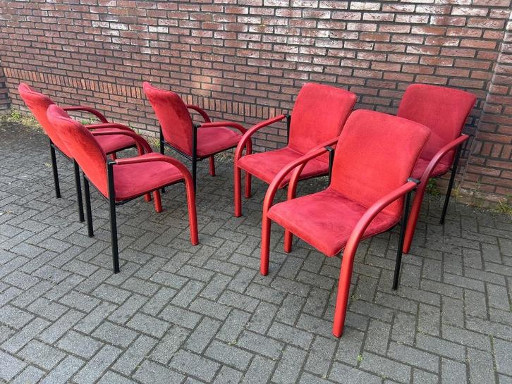 6x Leolux Cimaronne eetkamerstoelen rood., Huis en Inrichting, Stoelen, Zo goed als nieuw, Vijf, Zes of meer stoelen, Leer, Metaal