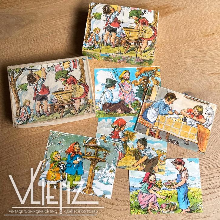 Vintage, brocante houten blokkenpuzzel uit Tsjecho-Slowakije, Antiek en Kunst, Antiek | Speelgoed, Ophalen of Verzenden