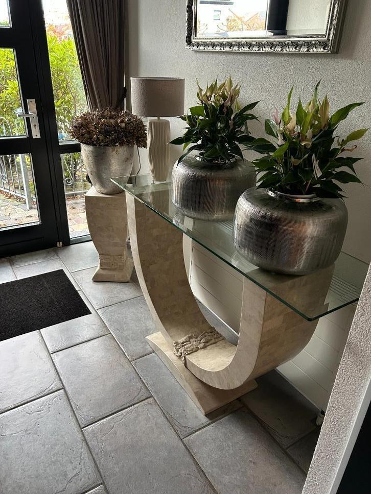wandtafel met zuil, Huis en Inrichting, Tafels | Sidetables, Zo goed als nieuw, 25 tot 50 cm, 100 tot 150 cm, Rechthoekig, Glas