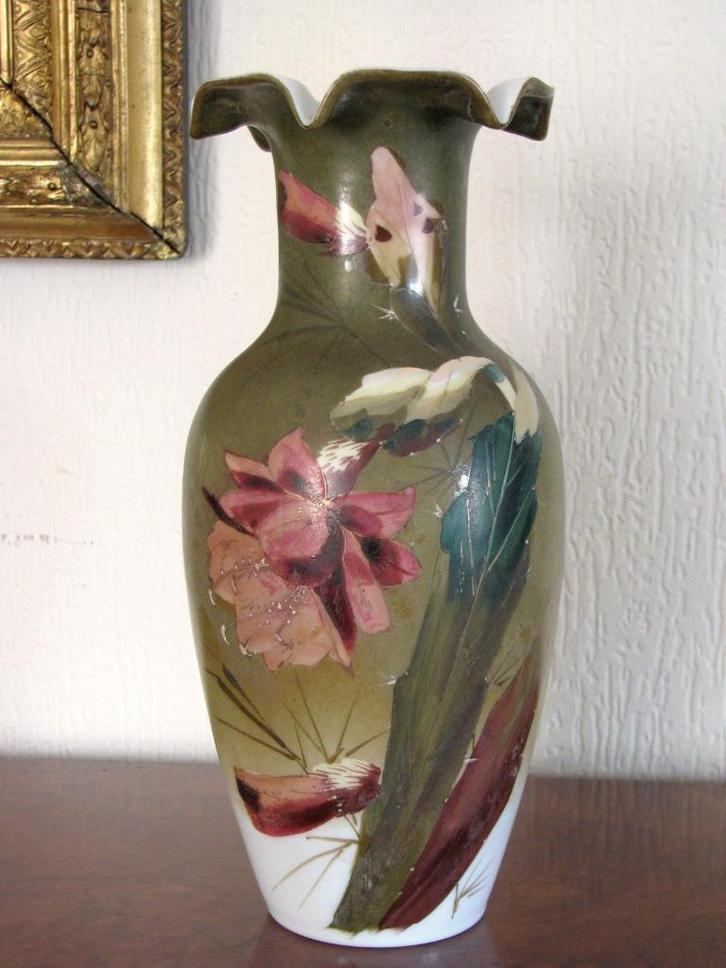 BIJZONDERE opaline glas VAAS handbeschilderd * pontilmerk, Antiek en Kunst, Antiek | Vazen, Ophalen of Verzenden