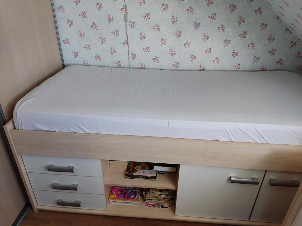 Bed en bureau, Ophalen, 85 tot 100 cm, Gebruikt, Lattenbodem