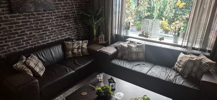 Runderleren bruin bankstel, Huis en Inrichting, Banken | Bankstellen, Zo goed als nieuw, Rechte bank, Vierpersoons of meer, 200 tot 250 cm