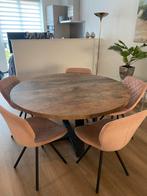 Eethoek: Ronde tafel & 5 roze velvet stoelen, Huis en Inrichting, Tafels | Eettafels, Ophalen, Romatisch modern, Rond, Zo goed als nieuw