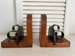 Antieke Art Deco set boekensteunen hout en ijzer, Ophalen