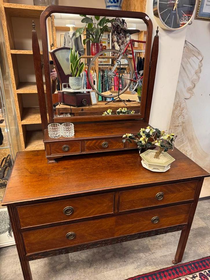 Antieke houten kaptafel met spiegel, Huis en Inrichting, Tafels | Kaptafels, Gebruikt, 150 tot 200 cm, 100 tot 150 cm, Hout, Ophalen of Verzenden