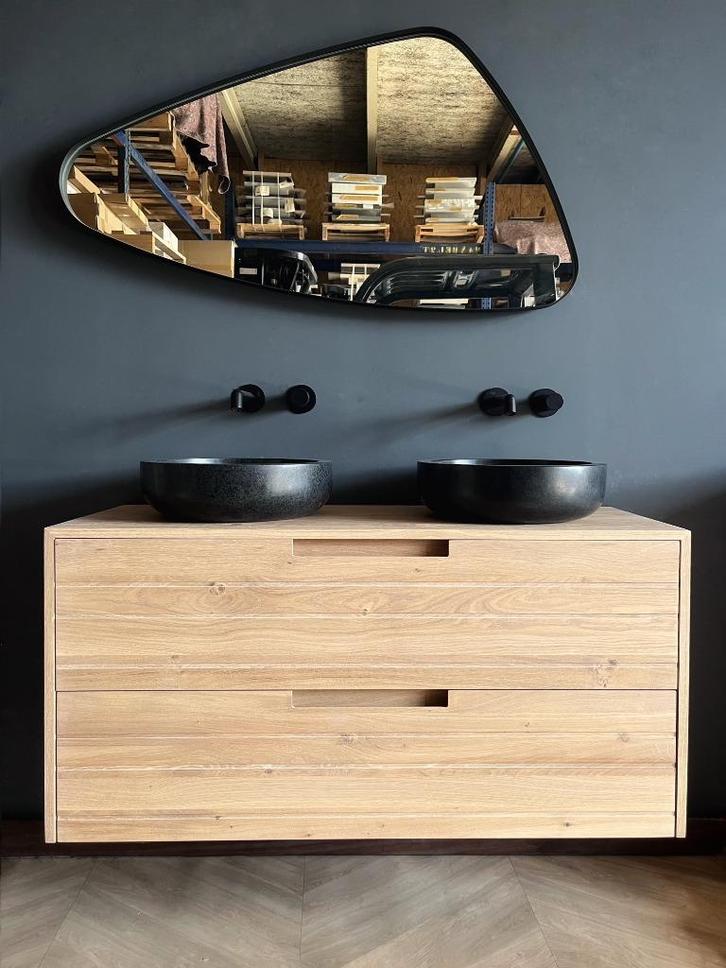 Luxe badmeubelset massief eiken en natuursteen, Huis en Inrichting, Badkamer | Badkamermeubels, Nieuw, Wastafelkast, Minder dan 100 cm