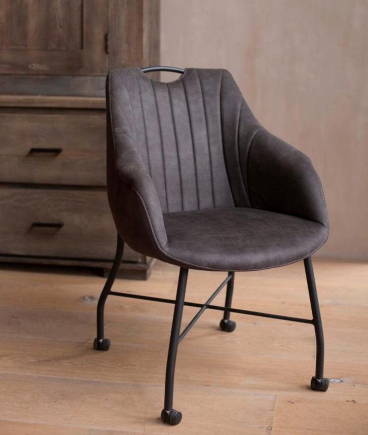6 Eetkamerstoelen op wieltjes | cowboy leer, Huis en Inrichting, Stoelen, Zo goed als nieuw, Vijf, Zes of meer stoelen, Leer, Grijs