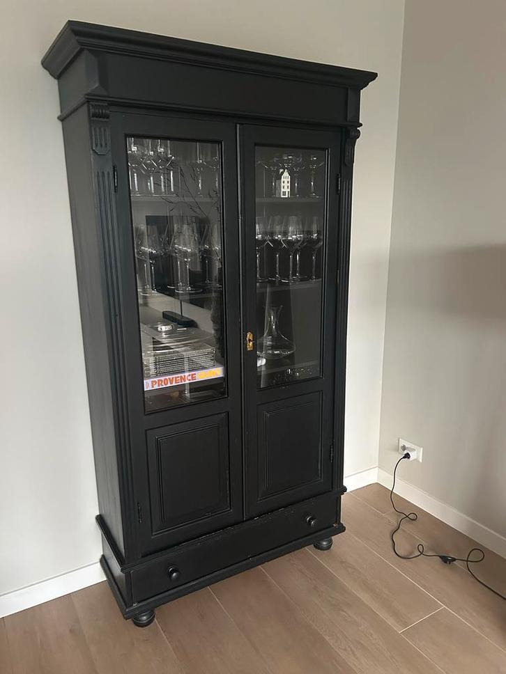 Zwarte Buffetkast met Glas en Lade 200x100x35cm, Antiek en Kunst, Antiek | Meubels | Kasten, Ophalen