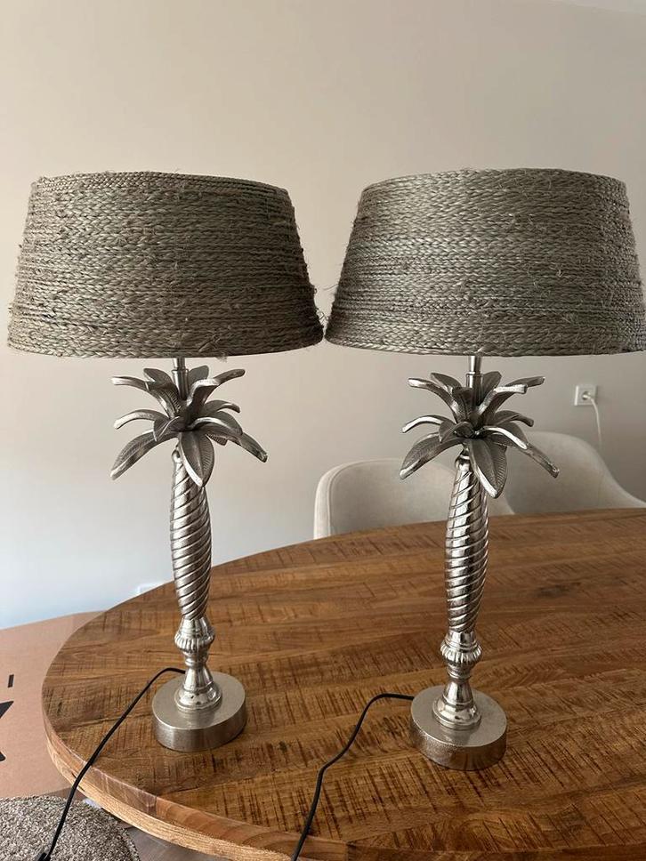 Palmboom Tafellampen | Set van 2 | Zilver + Rotan Look Kap, Huis en Inrichting, Lampen | Tafellampen, Zo goed als nieuw, Minder dan 50 cm