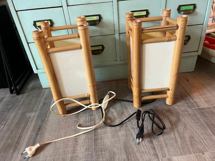 2 vintage set Japanse bamboe canvas boho tafellampen lampjes, Huis en Inrichting, Lampen | Tafellampen, Gebruikt, Minder dan 50 cm