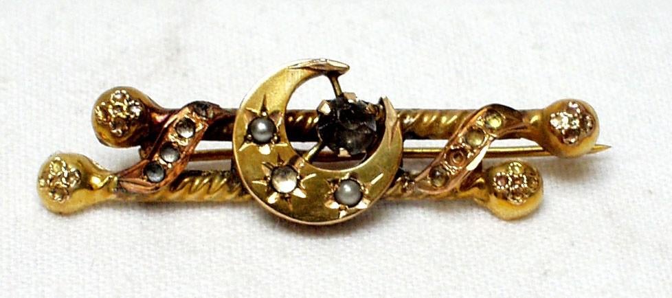 Broche juweel goud halve maan parels glas., Sieraden, Tassen en Uiterlijk, Antieke sieraden, Ophalen of Verzenden, Goud, Broche
