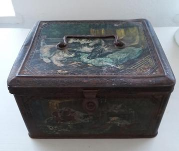 Groot antiek poezen blik met hengsel, ca.1920 beschikbaar voor biedingen