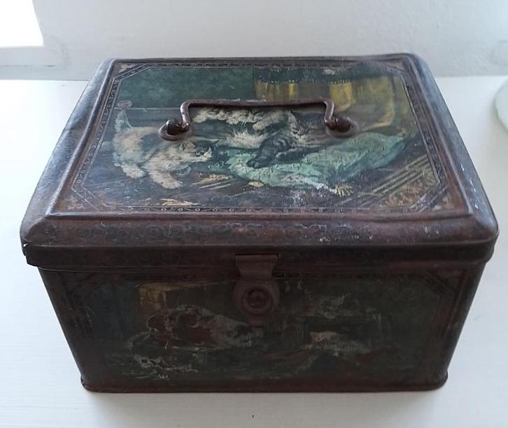 Groot antiek poezen blik met hengsel, ca.1920, Verzamelen, Blikken, Gebruikt, Overige, Ophalen of Verzenden